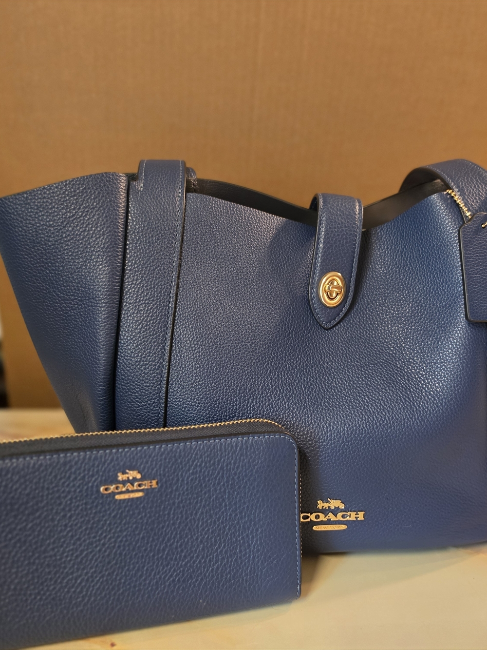 COACH Pebbled Leather Tote and Wallet Set in Navy